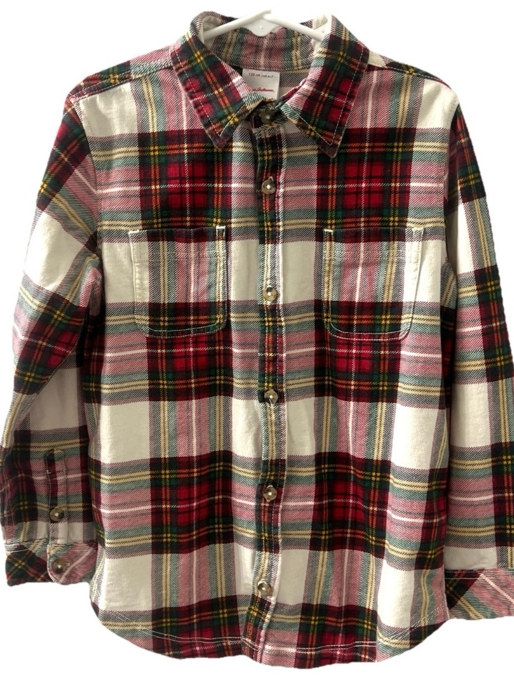 Hanna Andersson Boys Cotton Plaid Red White Green Button Up Shirt Size 6-7